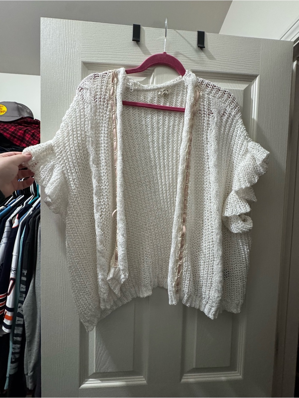 POL Open-Knit Ruffle Sleeve Cardigan - White